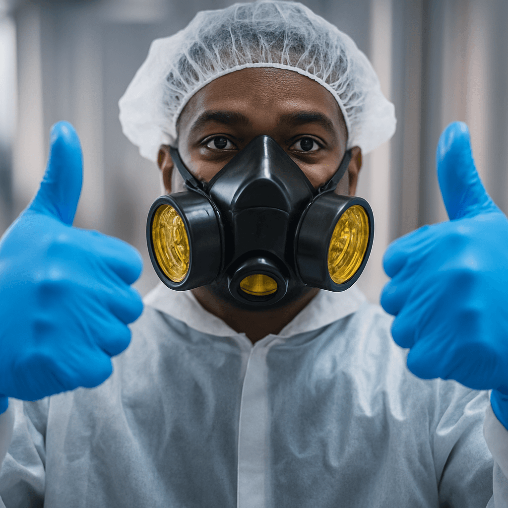 Thumbs up from lab technician for successful chemical delivery